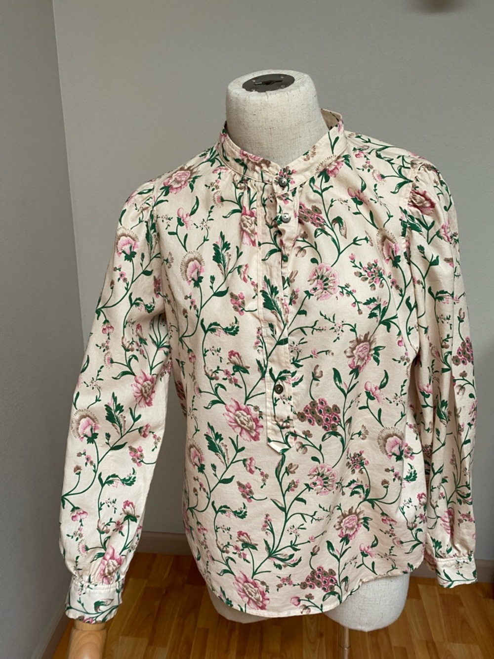 Cream Floral Button-Front Blouse with Pink Blooms